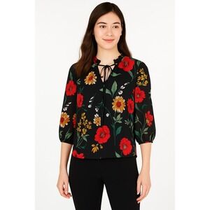 Bar III Ruffled Floral-Print Sheer Blouse Black Combo Women's Size M Loose Top